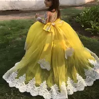 Yellow With White Appliques Girls Pageant Dresses Princess A Line Off Shoulder Long Sleeves With Big Bow Sash Back Flower Girl Dress Kids  - Thumbnail 1