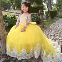 Yellow With White Appliques Girls Pageant Dresses Princess A Line Off Shoulder Long Sleeves With Big Bow Sash Back Flower Girl Dress Kids  - Thumbnail 2