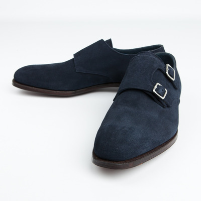 Luxury men's handmade navy blue double monk strap suede shoes