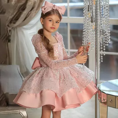 Ball Gown Flower Girl Dresses Princess Sheer Long Sleeves Appliques Jewel Neck Sequined Tutu Toddler Birthday Party Gowns