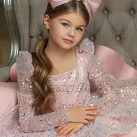 Ball Gown Flower Girl Dresses Princess Sheer Long Sleeves Appliques Jewel Neck Sequined Tutu Toddler Birthday Party Gowns - Thumbnail 5
