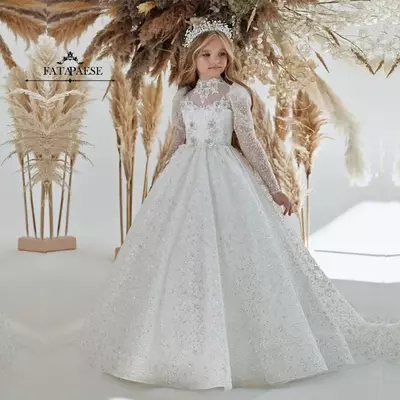 Lace Flower Girl Dress Bows Children's First Communion Dress Princess Tulle Ball Gown Wedding Party Dress