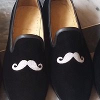 Crafted Leather Bareskin Men Black Mustache Embroidery Velvet Loafers Slip on Dress Shoes - Thumbnail 1