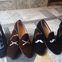 Crafted Leather Bareskin Men Black Mustache Embroidery Velvet Loafers Slip on Dress Shoes - Thumbnail 2