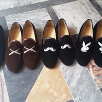Crafted Leather Bareskin Men Black Mustache Embroidery Velvet Loafers Slip on Dress Shoes - Thumbnail 3