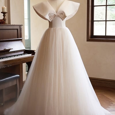 Champagne tulle long prom dress - Thumbnail 1