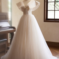 Champagne Tulle Long Prom Dress - Thumbnail 1