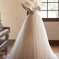 Champagne Tulle Long Prom Dress - Thumbnail 2