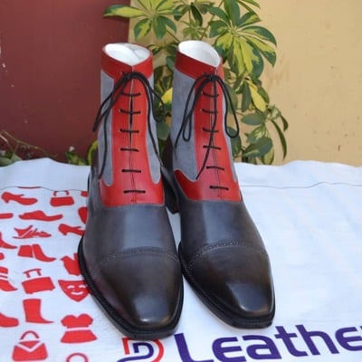 Handmade men's gray red leather contrast ankle high lace up dress boot