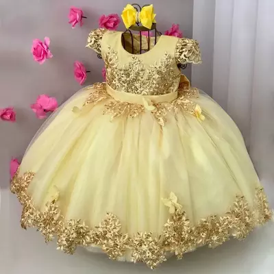 Light yellow lace ball gown flower girl dresses for wedding short sleeves beaded toddler pageant gowns 3d appliqued backless first communion dress - Thumbnail 3
