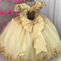 Light Yellow Lace Ball Gown Flower Girl Dresses For Wedding Short Sleeves Beaded Toddler Pageant Gowns 3D Appliqued Backless First Communion Dress - Thumbnail 3