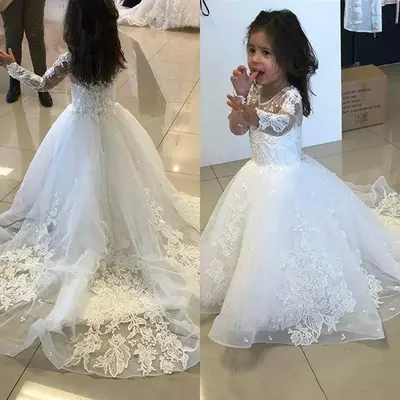 Cute princess flower girls dresses for weddings jewel neck lace appliques tulle long sleeves long train kids birthday girl pageant gowns - Thumbnail 2