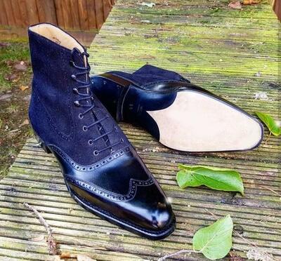 Stylish Navy Blue Leather Ankle High Lace Up Wing Tip Oxford Boots For Men
