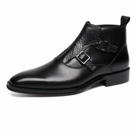 New Handmade Luxury Black Buckle Ankle Dress Leather Boots - Thumbnail 4