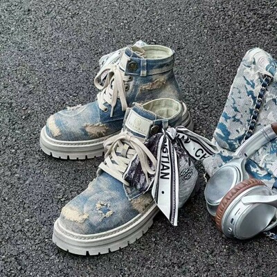Retro Ripped Denim Boots With Scarf