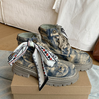 Retro Ripped Denim Boots With Scarf - Thumbnail 4