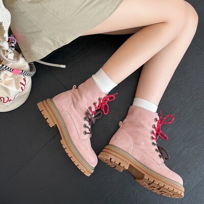 Pink Lace Up Suede Leather Boots