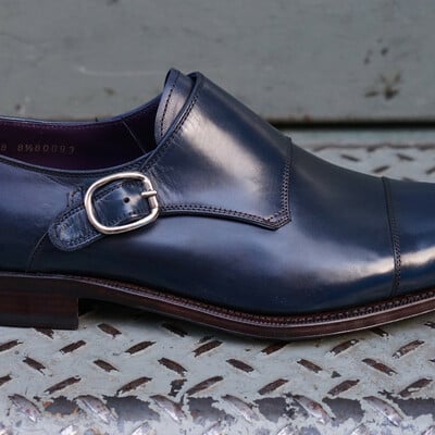 Navy blue traveling monk strap buckle handmade dress shoes for mens