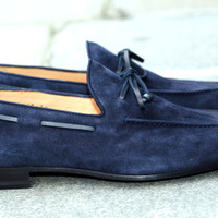 Handmade Men's Navy Blue Traveling Moccasin Formal Shoes - Thumbnail 1