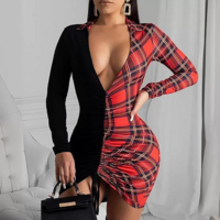V-Neck Long Sleeved Women'S Plaid Patchwork Dress - Thumbnail 2