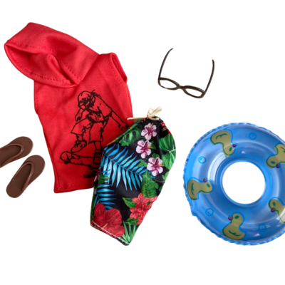 Boy fashion doll swim trunks and lifesaver, black sunglasses, and pair of shoes