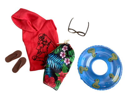 Boy Fashion Doll Swim Trunks and Lifesaver, black sunglasses, and pair of shoes