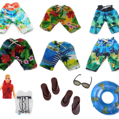 2 sets of boy fashion doll swim trunks and lifesaver, black sunglasses, and pair of shoes