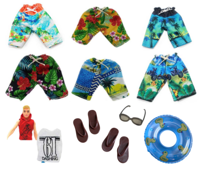2 Sets of Boy Fashion Doll Swim Trunks and Lifesaver, black sunglasses, and pair of shoes