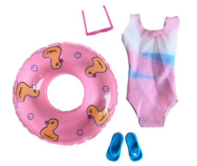Fashion Doll Swimsuit, lifesaver, pink sunglasses, and a pair of shoes
