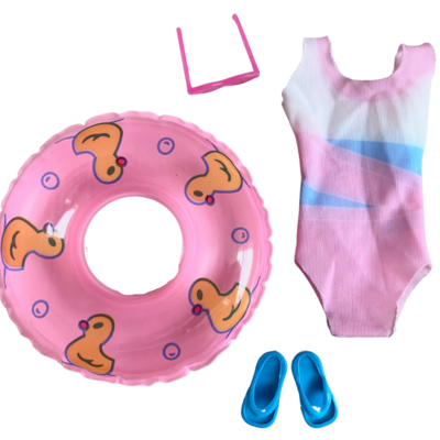 2 sets of fashion doll swimsuits, lifesavers, pink sunglasses, and a pair of shoes