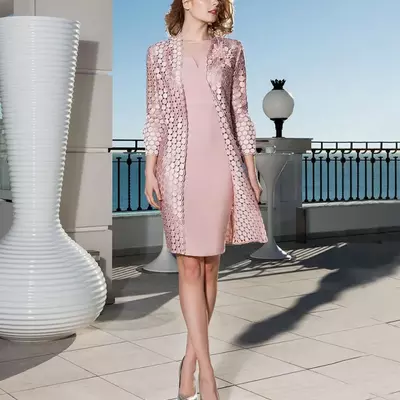 Elegant mother of the bride / groom dress with long jacket, lace appliqued wedding guest dress, knee length formal mother outfit