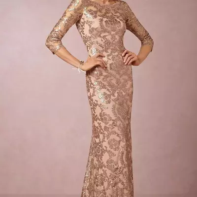 Rose gold sequin lace mother of the bride/ groom dress - jewel neckline long evening gown for weddings