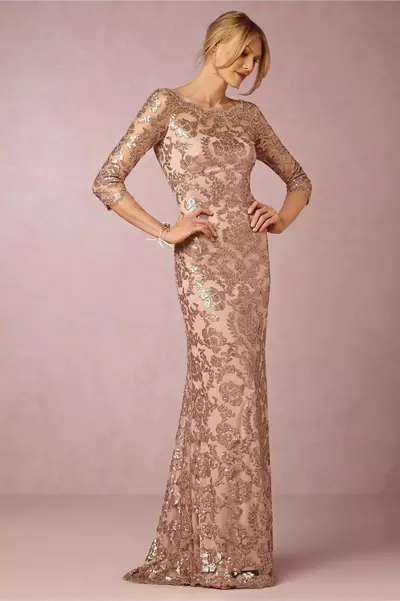 Rose Gold Sequin Lace Mother of the Bride/ Groom Dress - Jewel Neckline Long Evening Gown for Weddings