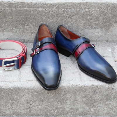 Crafted leather blue leather double monk strap dress shoes with matching belt - Thumbnail 4