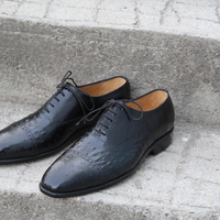 Crafted Leather Men Shoes Black Ostrich Leather Lace up Dress Shoes - Thumbnail 1