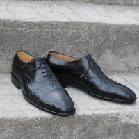 Crafted Leather Men Shoes Black Ostrich Leather Lace up Dress Shoes - Thumbnail 3