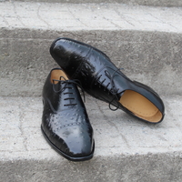 Crafted Leather Men Shoes Black Ostrich Leather Lace up Dress Shoes - Thumbnail 4