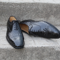 Crafted Leather Men Shoes Black Ostrich Leather Lace up Dress Shoes - Thumbnail 5