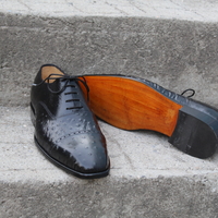 Crafted Leather Men Shoes Black Ostrich Leather Lace up Dress Shoes - Thumbnail 6