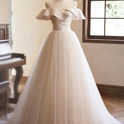 Champagne spaghetti straps floor length prom dress