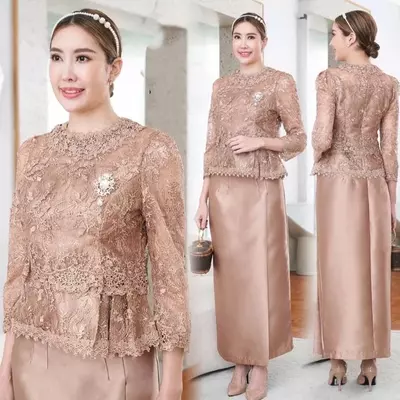 Elegant Straight Mother Of The Bride/ Groom Dresses Jewel Neck Lace Ankle Length Guest Wedding Party Gowns 3/4 Long Sleeve Sheath Evening Dress