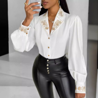 V-Neck Solid Color Fashion Embroidered Top - Thumbnail 3