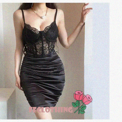 Sexy lace see-through sling pleated hip-hugging steel ring fishbone temperament slim dress