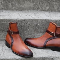Crafted Leather Bespoke Dress Shoes Brown Leather Jodhpur Strap Boot - Thumbnail 4