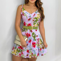 V-Neck White Floral Print Sling Dress - Thumbnail 2