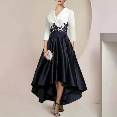 Elegant white black mother of the bride/ groom dress v-neck 3/4 sleeves satin lace appliques a-line wedding guest party skirt for women