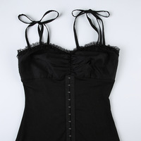 V-neck Pleated Black Dress - Thumbnail 6