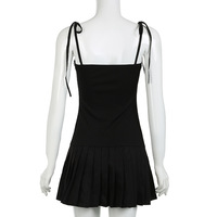 V-neck Pleated Black Dress - Thumbnail 7