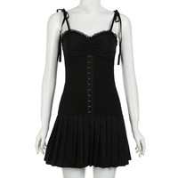 V-neck Pleated Black Dress - Thumbnail 4