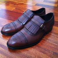 Latest Men's Brown Fringe Monk Leather Hand Stitch Shoes - Thumbnail 1